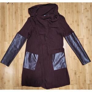 BLANK NYC Cardigan XS Tight Knit Vegan Leather Sleeve Burgundy Button Cowl Neck